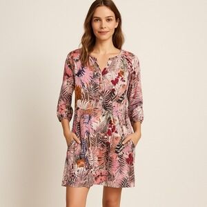 Coster Copenhagen Floral Print Dress Pink Orange Boho Pockets Long Sleeve 38‎ M